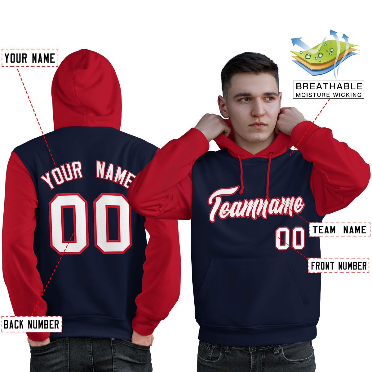 Custom Navy White-Red Raglan Sleeves Pullover Personalized Sweatshirt Hoodie| KXKSHOP