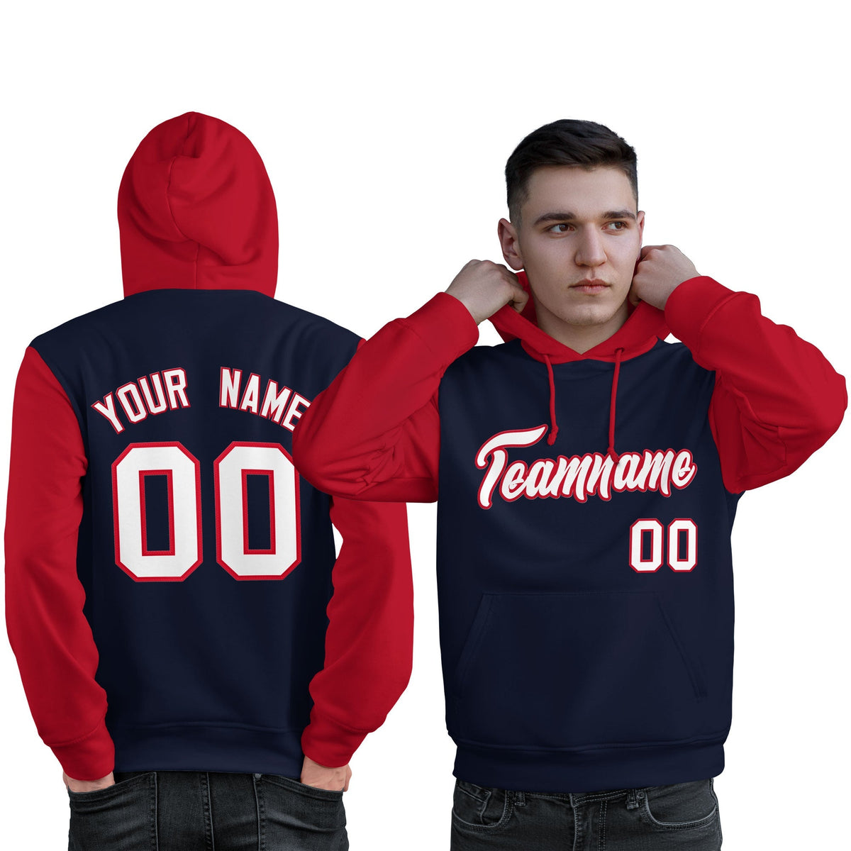 Custom Navy White-Red Raglan Sleeves Pullover Personalized Sweatshirt Hoodie| KXKSHOP