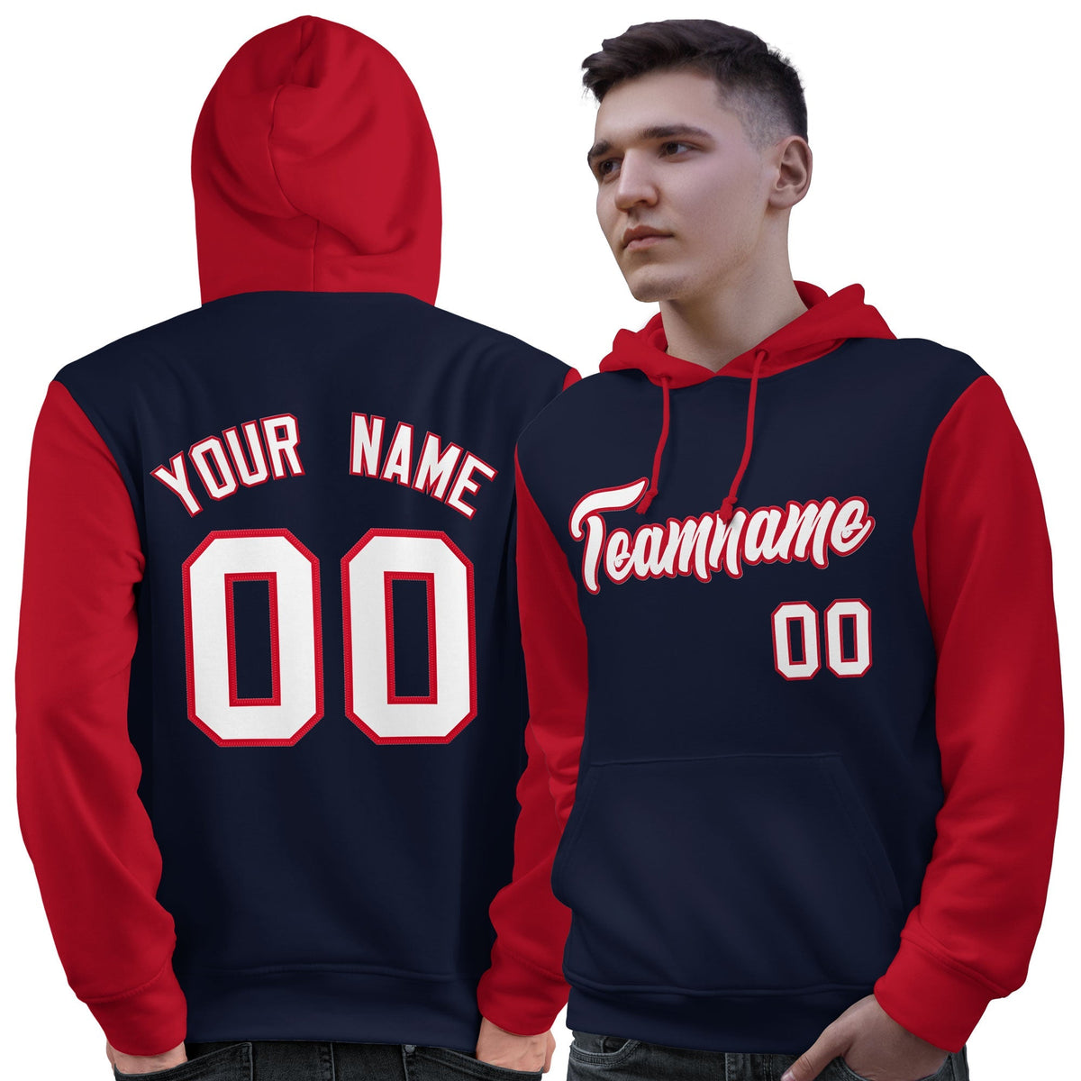 Custom Navy White-Red Raglan Sleeves Pullover Personalized Sweatshirt Hoodie| KXKSHOP