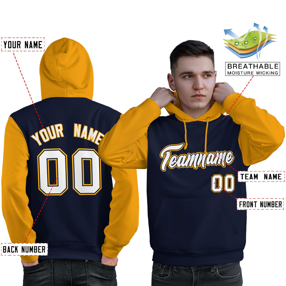 Custom Navy White-Gold Raglan Sleeves Pullover Personalized Sweatshirt Hoodie| KXKSHOP