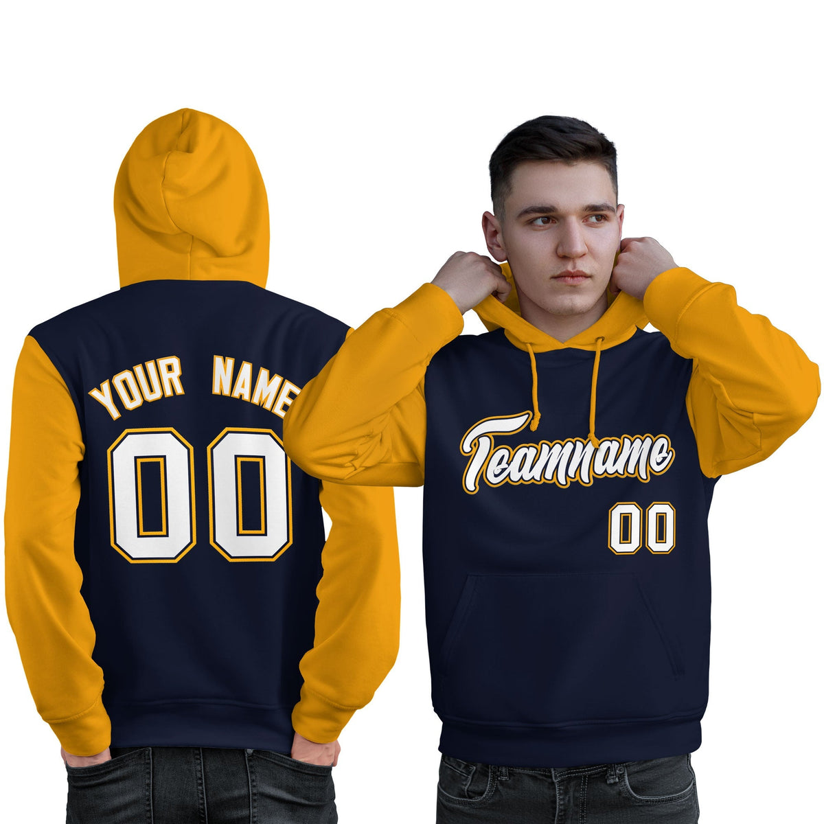 Custom Navy White-Gold Raglan Sleeves Pullover Personalized Sweatshirt Hoodie| KXKSHOP