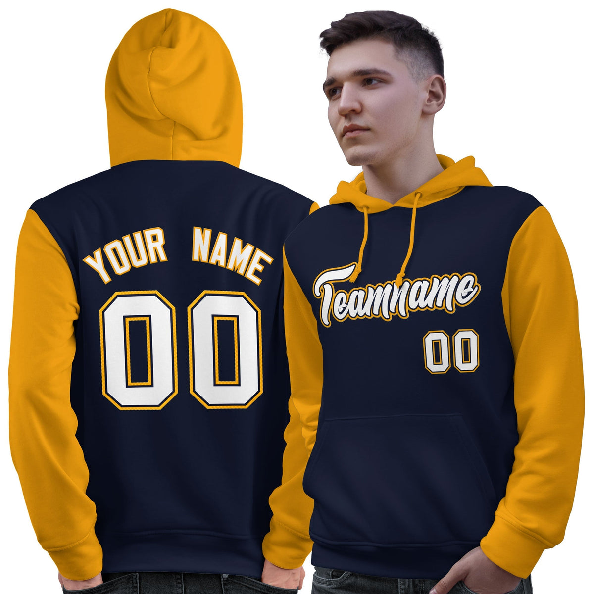 Custom Navy White-Gold Raglan Sleeves Pullover Personalized Sweatshirt Hoodie| KXKSHOP