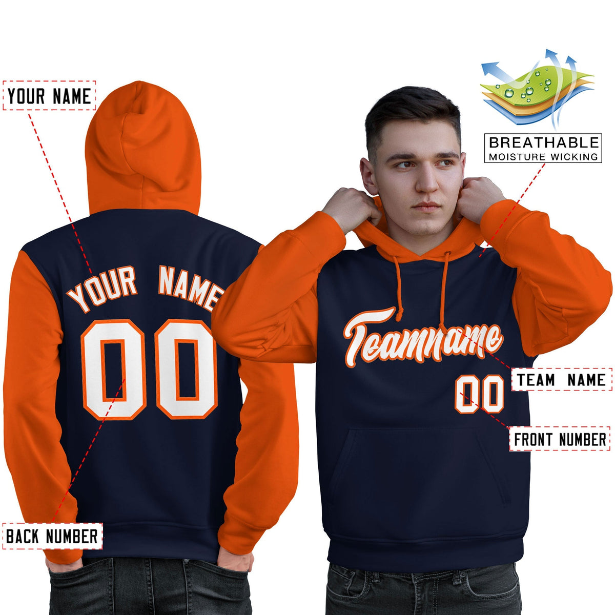 Custom Navy White-Orange Raglan Sleeves Pullover Personalized Sweatshirt Hoodie| KXKSHOP
