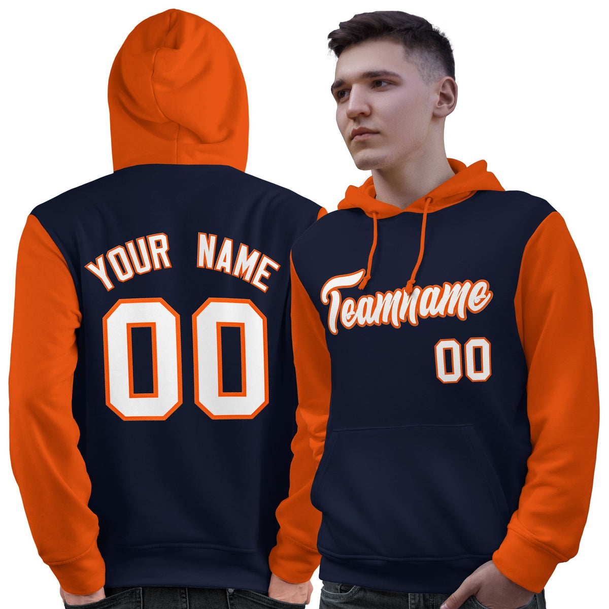 Custom Navy White-Orange Raglan Sleeves Pullover Personalized Sweatshirt Hoodie| KXKSHOP