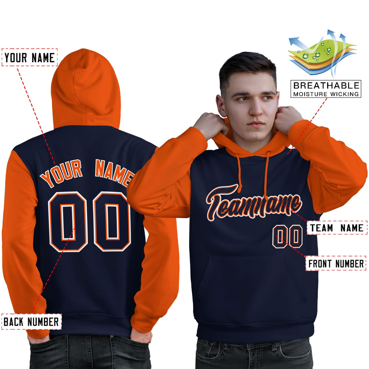 Custom Navy Orange-White Raglan Sleeves Pullover Personalized Sweatshirt Hoodie| KXKSHOP