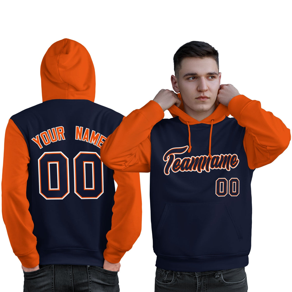 Custom Navy Orange-White Raglan Sleeves Pullover Personalized Sweatshirt Hoodie| KXKSHOP