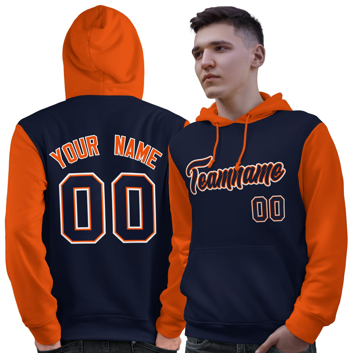Custom Navy Orange-White Raglan Sleeves Pullover Personalized Sweatshirt Hoodie| KXKSHOP