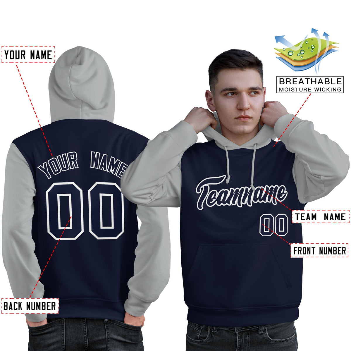 Custom Navy White-Gray Raglan Sleeves Pullover Personalized Sweatshirt Hoodie| KXKSHOP