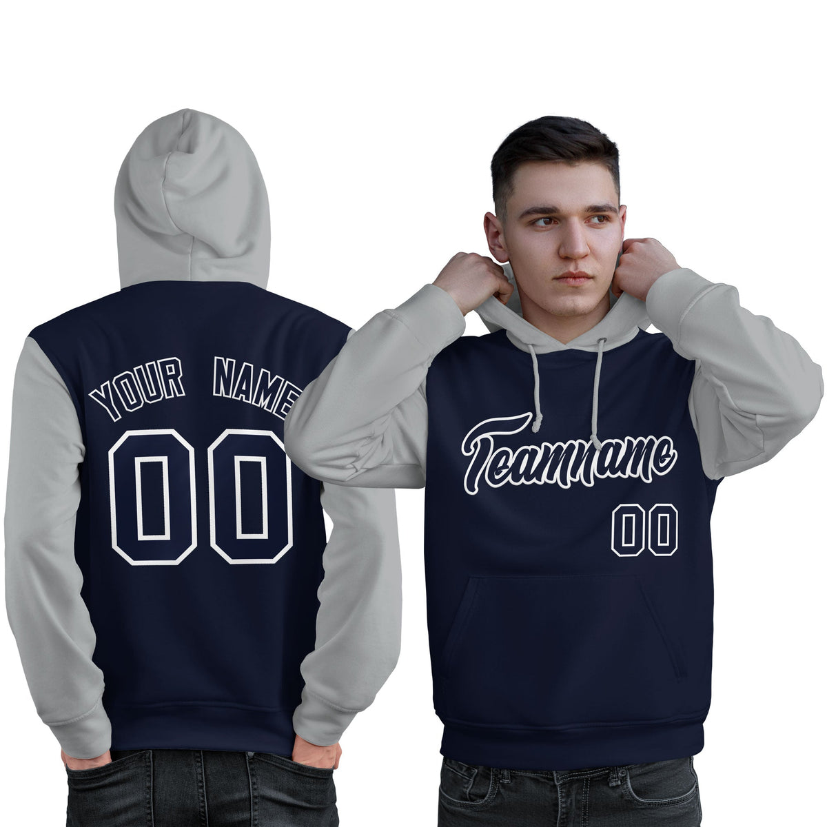 Custom Navy White-Gray Raglan Sleeves Pullover Personalized Sweatshirt Hoodie| KXKSHOP