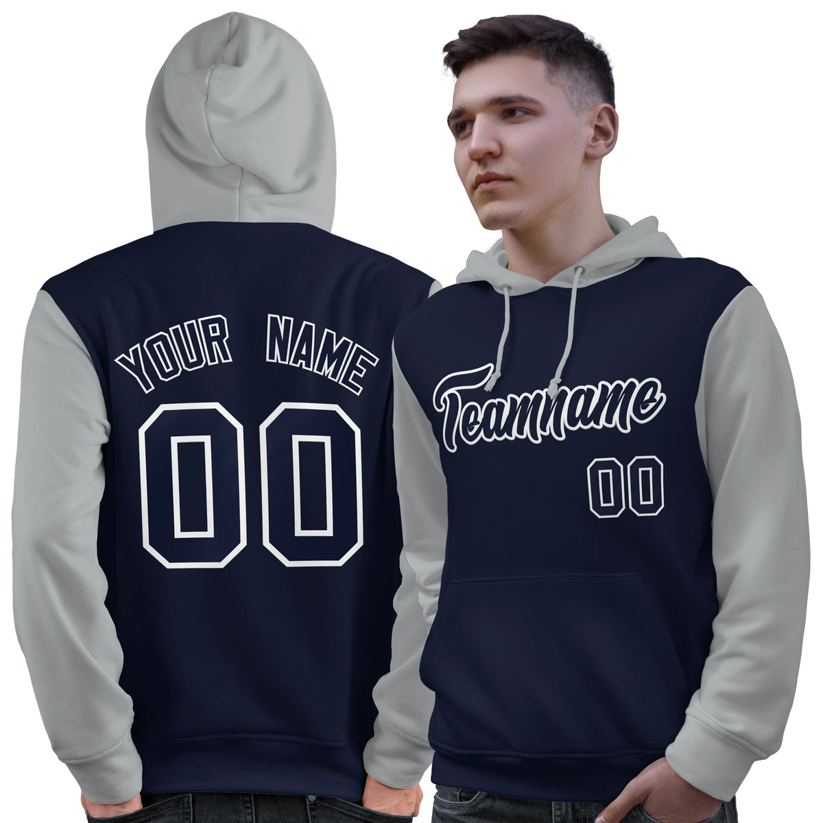 Custom Navy White-Gray Raglan Sleeves Pullover Personalized Sweatshirt Hoodie| KXKSHOP