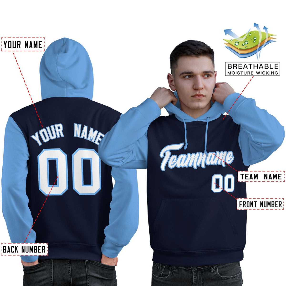 Custom Navy White-Light Blue Raglan Sleeves Pullover Personalized Sweatshirt Hoodie| KXKSHOP