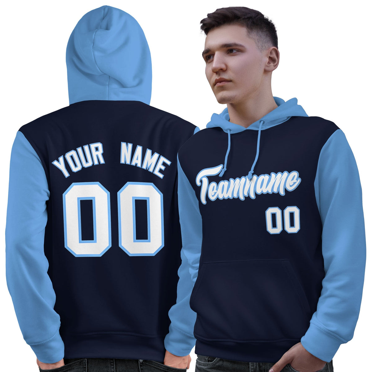 Custom Navy White-Light Blue Raglan Sleeves Pullover Personalized Sweatshirt Hoodie| KXKSHOP