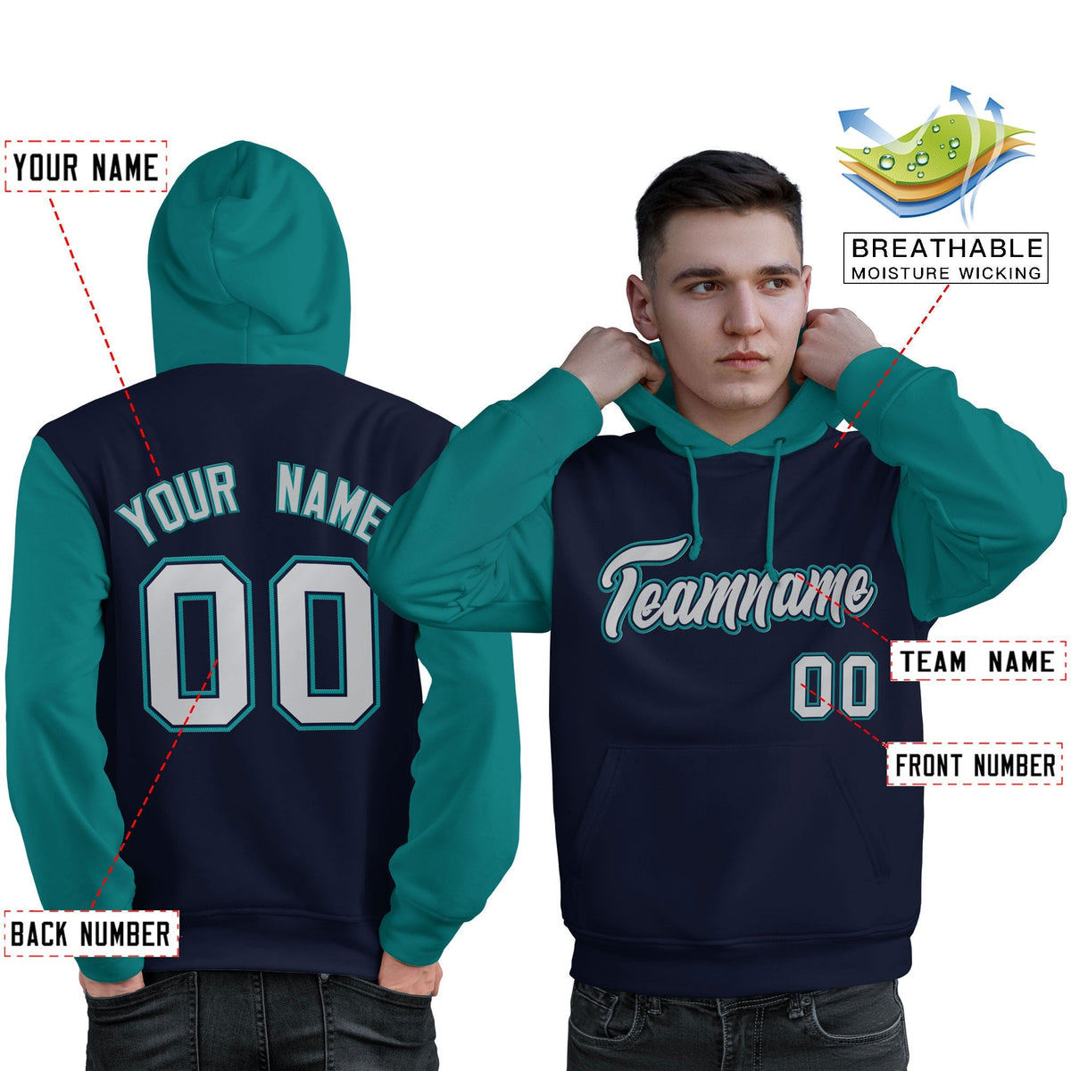 Custom Navy Gray-Aqua Raglan Sleeves Pullover Personalized Sweatshirt Hoodie| KXKSHOP