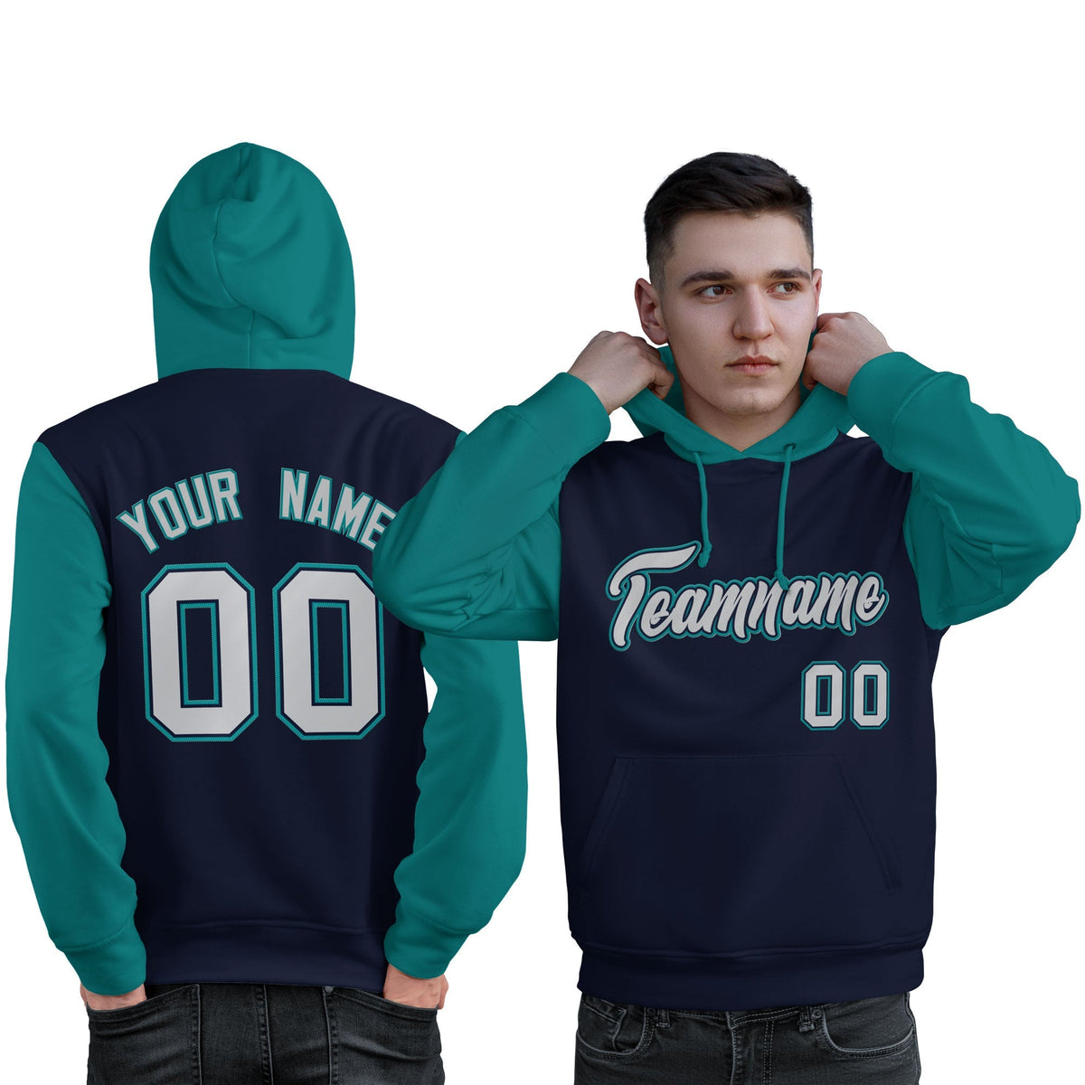Custom Navy Gray-Aqua Raglan Sleeves Pullover Personalized Sweatshirt Hoodie| KXKSHOP