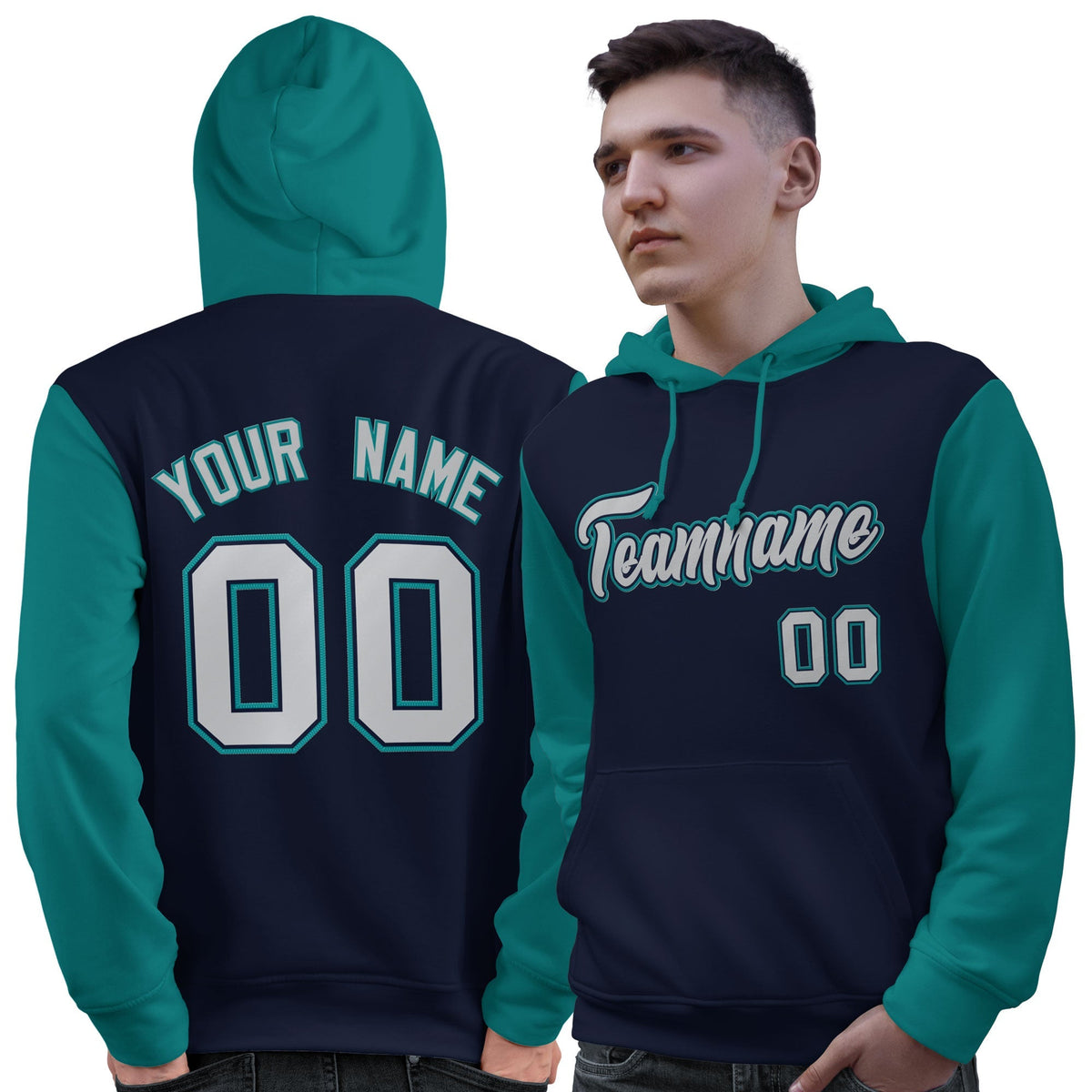 Custom Navy Gray-Aqua Raglan Sleeves Pullover Personalized Sweatshirt Hoodie| KXKSHOP
