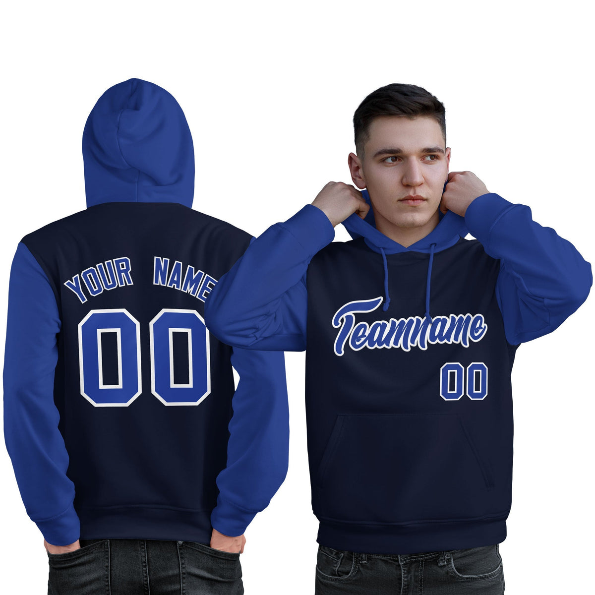 Custom Navy Royal-White Raglan Sleeves Pullover Personalized Sweatshirt Hoodie| KXKSHOP