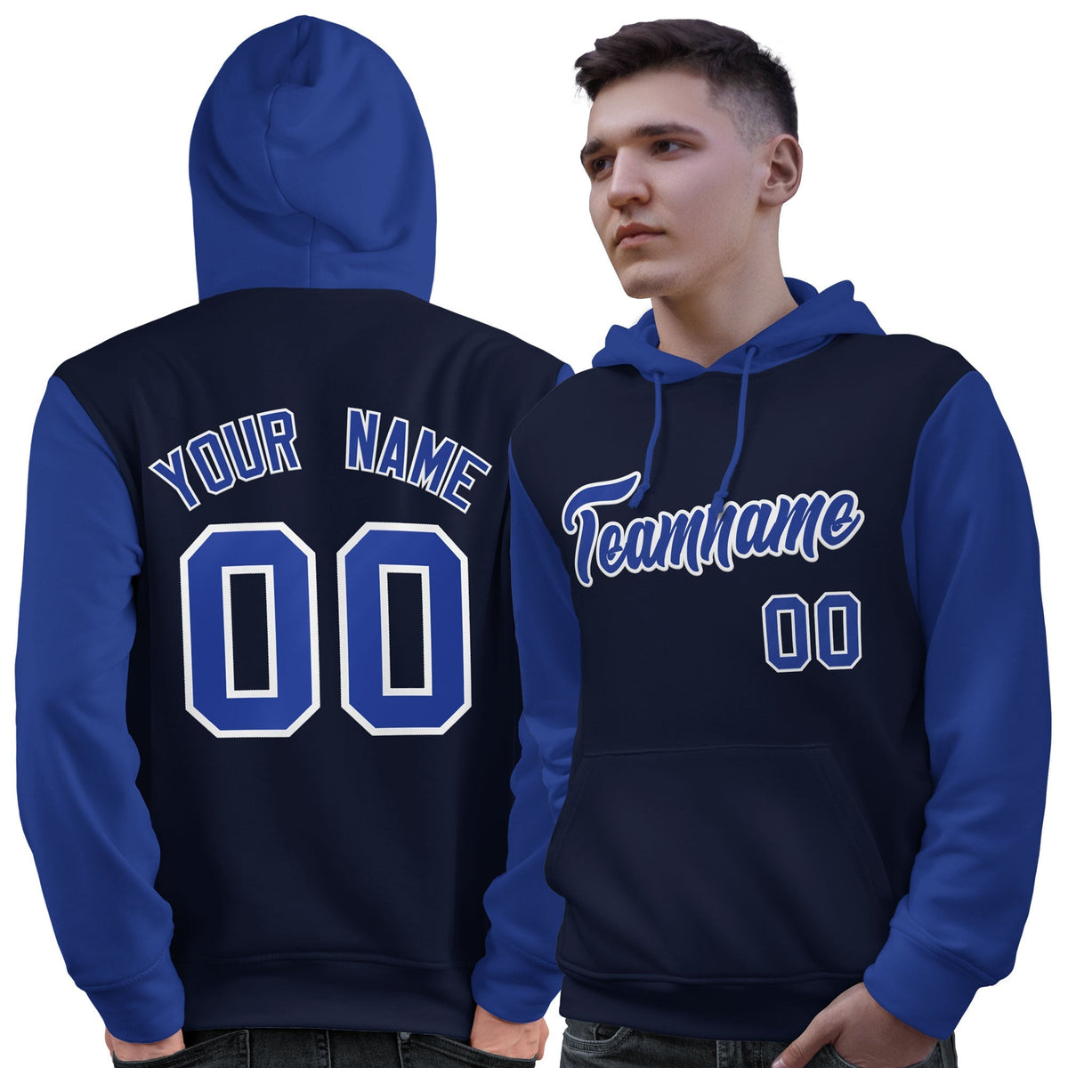 Custom Navy Royal-White Raglan Sleeves Pullover Personalized Sweatshirt Hoodie| KXKSHOP