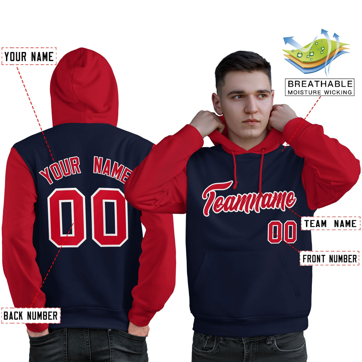 Custom Navy Red-White Raglan Sleeves Pullover Personalized Sweatshirt Hoodie| KXKSHOP