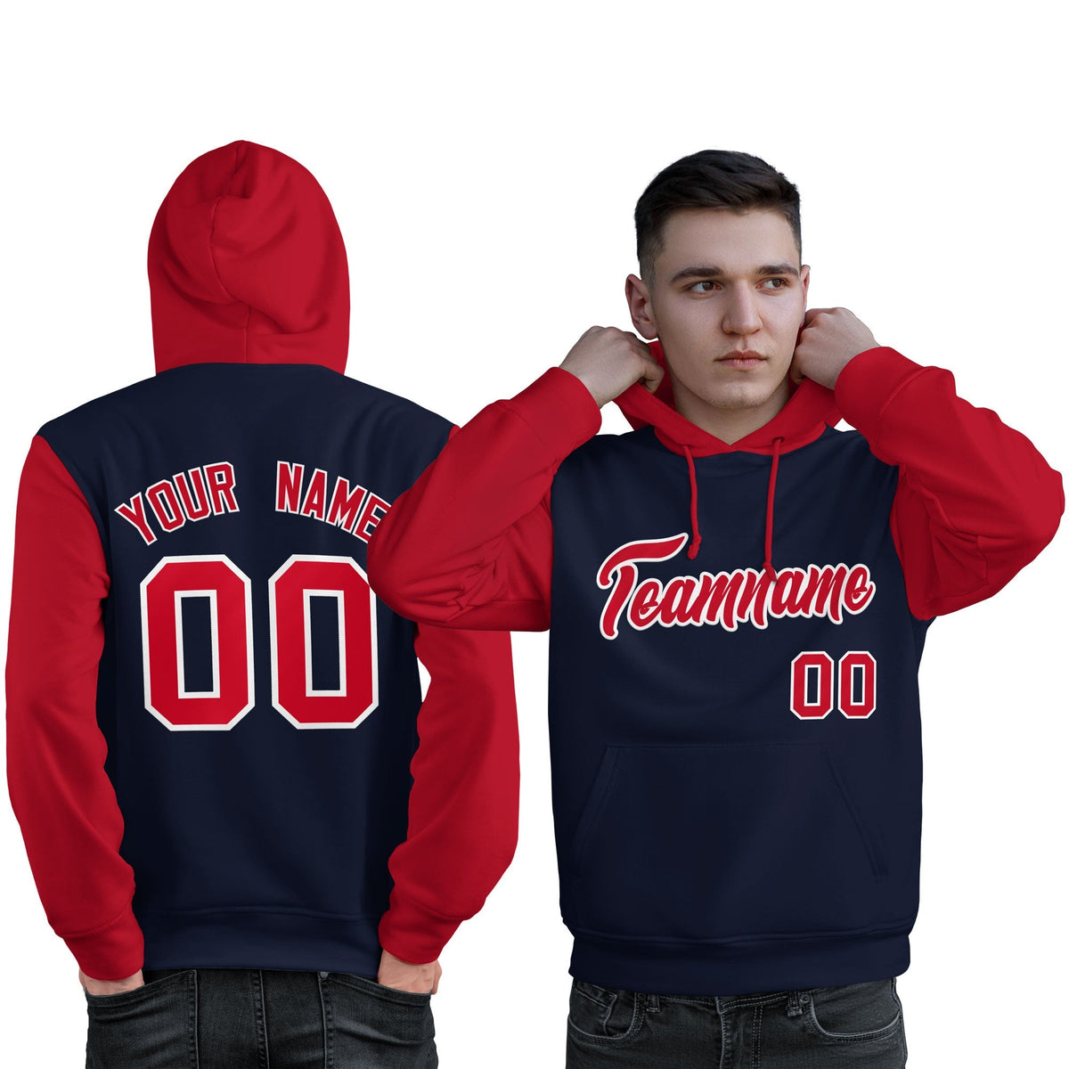 Custom Navy Red-White Raglan Sleeves Pullover Personalized Sweatshirt Hoodie| KXKSHOP