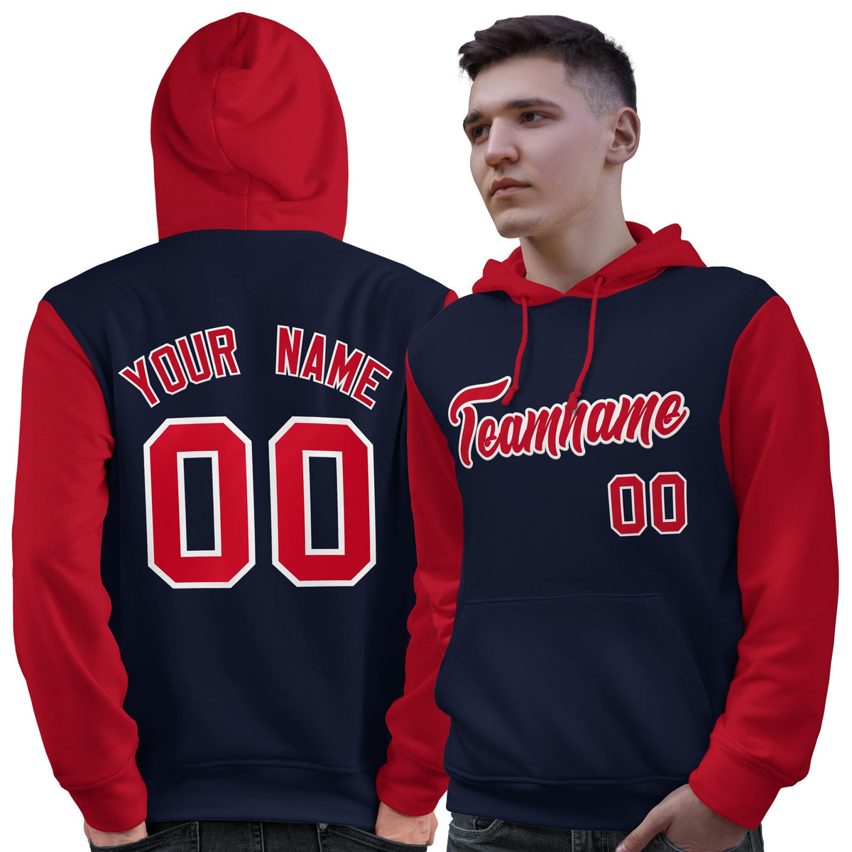Custom Navy Red-White Raglan Sleeves Pullover Personalized Sweatshirt Hoodie| KXKSHOP