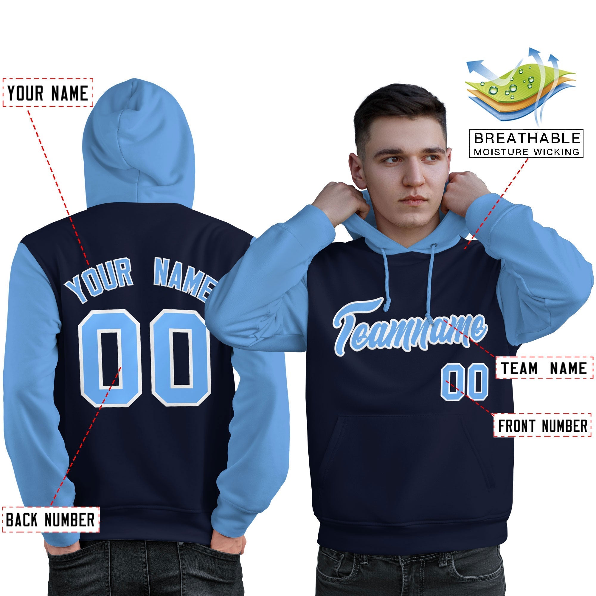 Custom Navy Lt Blue-White Raglan Sleeves Pullover Personalized Sweatshirt Hoodie| KXKSHOP