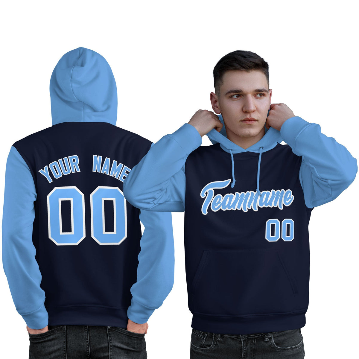 Custom Navy Lt Blue-White Raglan Sleeves Pullover Personalized Sweatshirt Hoodie| KXKSHOP