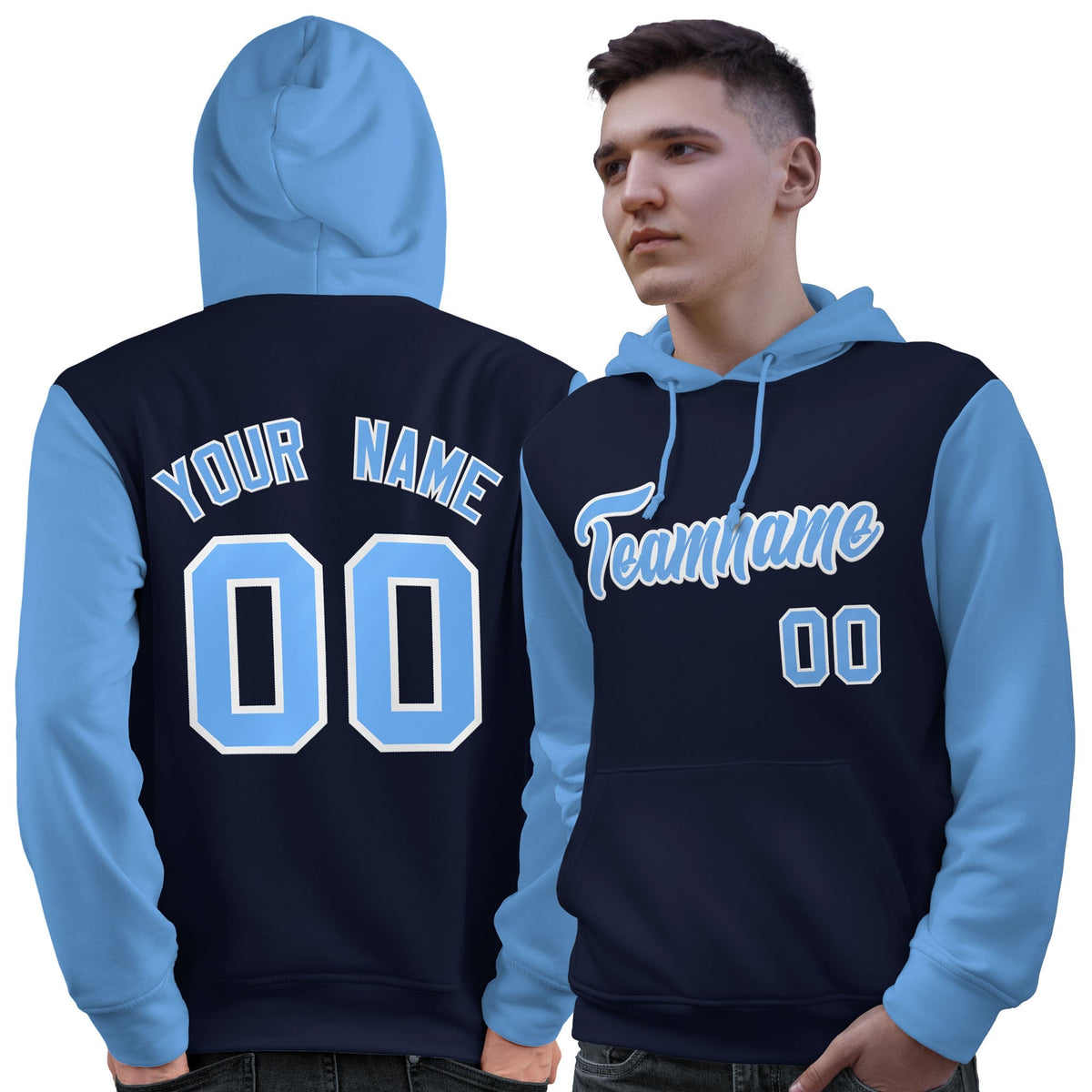 Custom Navy Lt Blue-White Raglan Sleeves Pullover Personalized Sweatshirt Hoodie| KXKSHOP