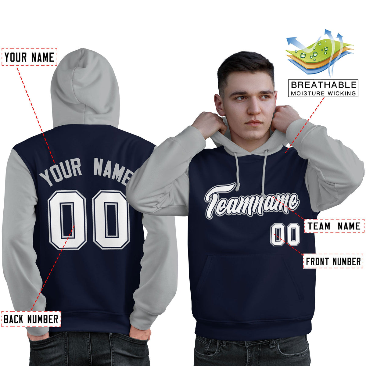 Custom Navy White-Gray Raglan Sleeves Pullover Personalized Sweatshirt Hoodie| KXKSHOP