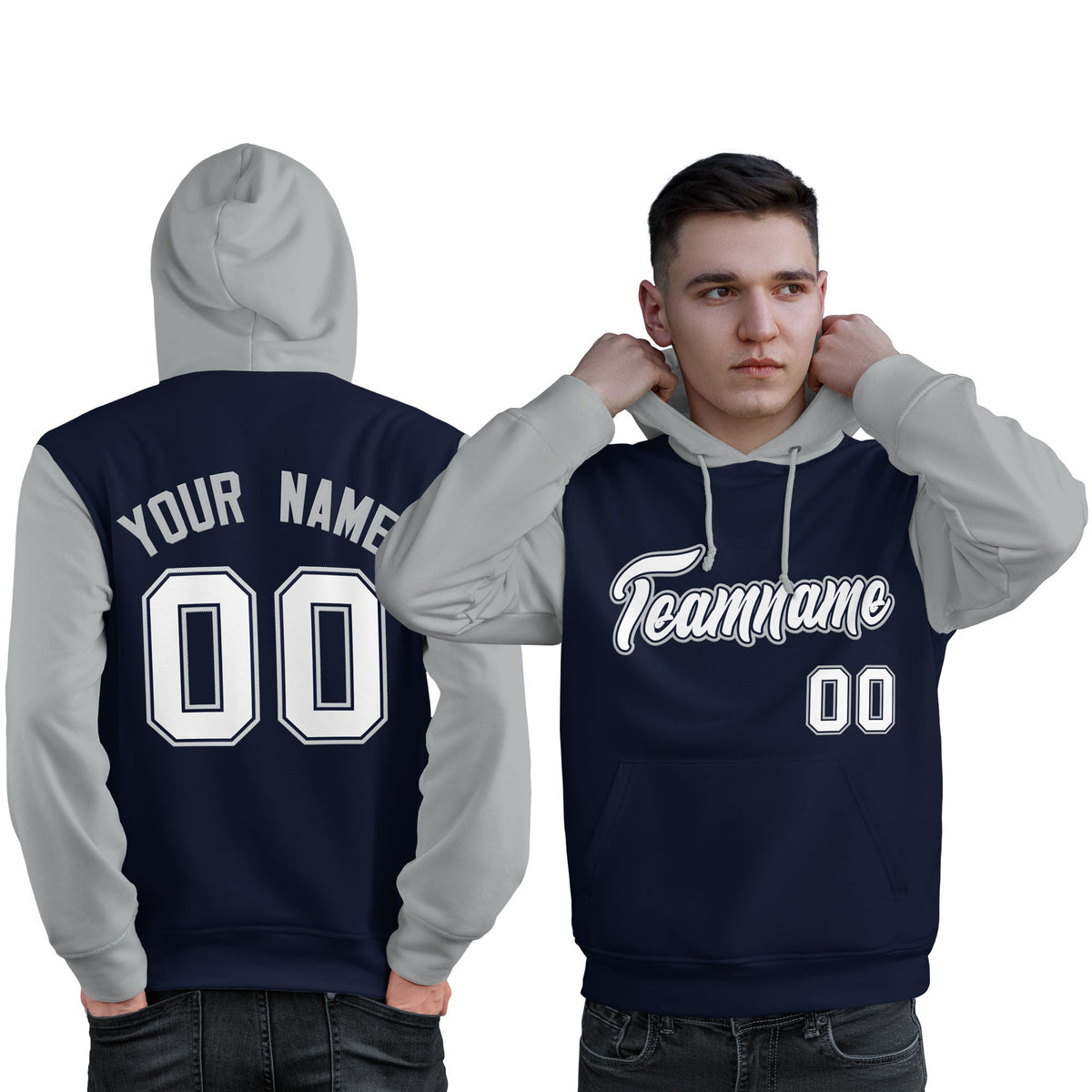 Custom Navy White-Gray Raglan Sleeves Pullover Personalized Sweatshirt Hoodie| KXKSHOP