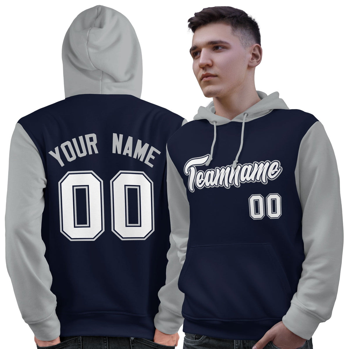 Custom Navy White-Gray Raglan Sleeves Pullover Personalized Sweatshirt Hoodie| KXKSHOP