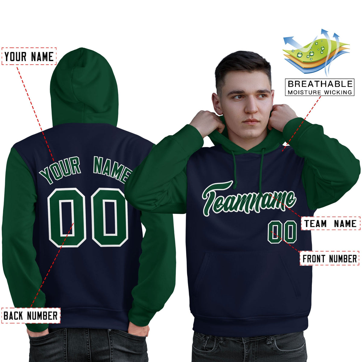 Custom Navy Green-White Raglan Sleeves Pullover Personalized Sweatshirt Hoodie| KXKSHOP