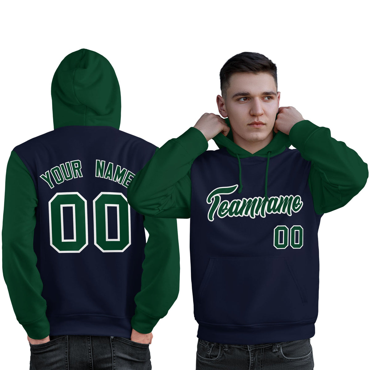 Custom Navy Green-White Raglan Sleeves Pullover Personalized Sweatshirt Hoodie| KXKSHOP
