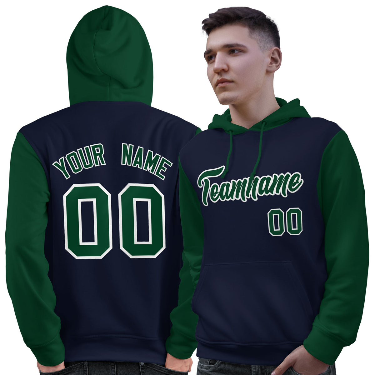 Custom Navy Green-White Raglan Sleeves Pullover Personalized Sweatshirt Hoodie| KXKSHOP
