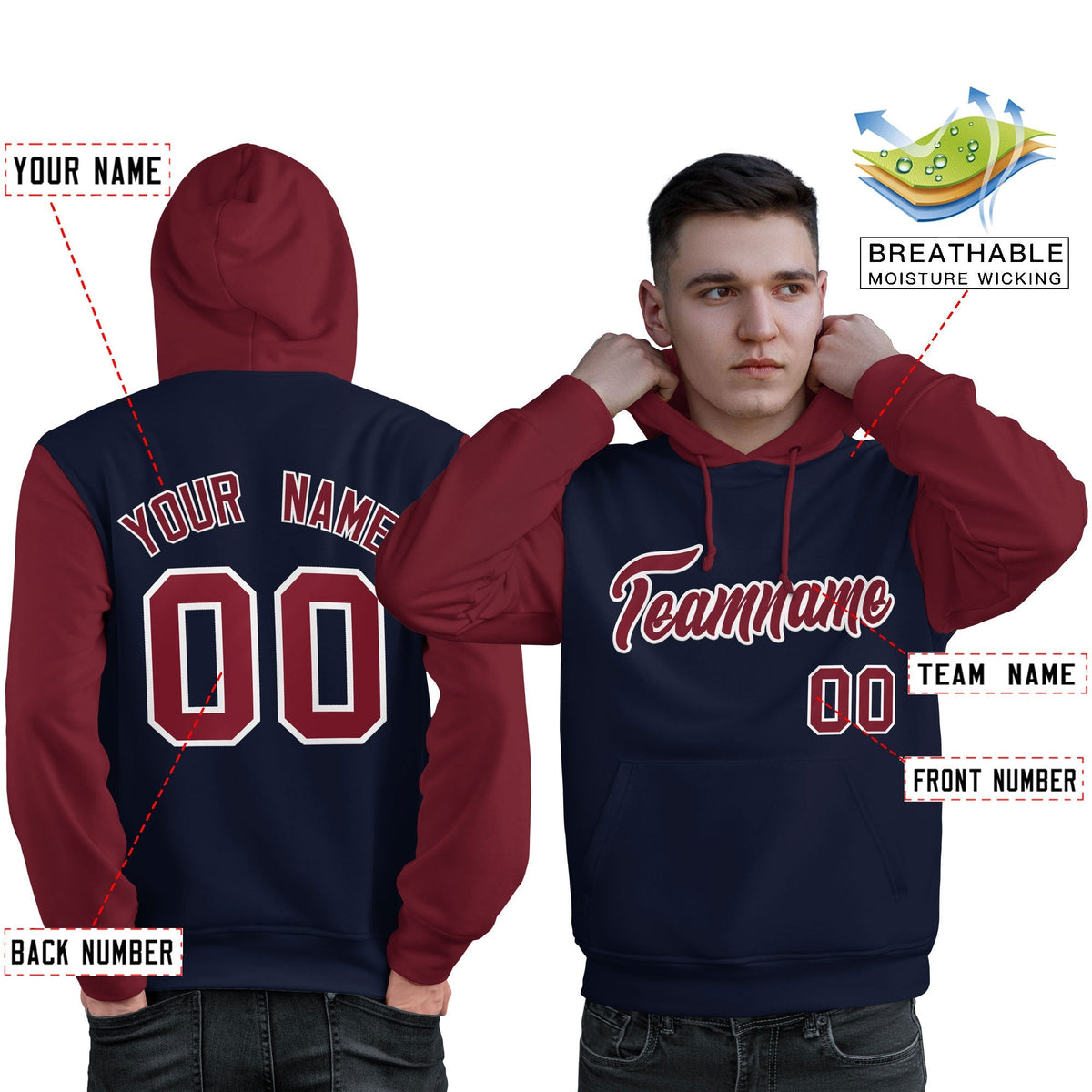 Custom Navy Crimson-White Raglan Sleeves Pullover Personalized Sweatshirt Hoodie| KXKSHOP