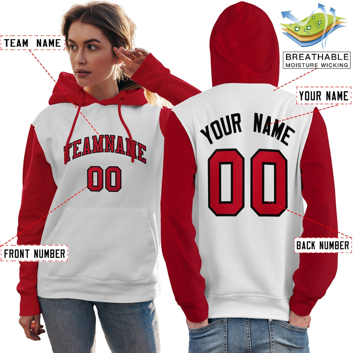 Custom White Red-Black Raglan Sleeves Pullover Personalized Team Sweatshirt Hoodie| KXKSHOP