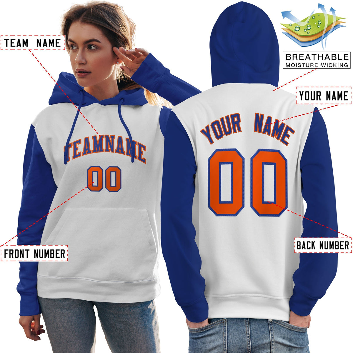 Custom White Royal-Orange Raglan Sleeves Pullover Personalized Team Sweatshirt Hoodie| KXKSHOP