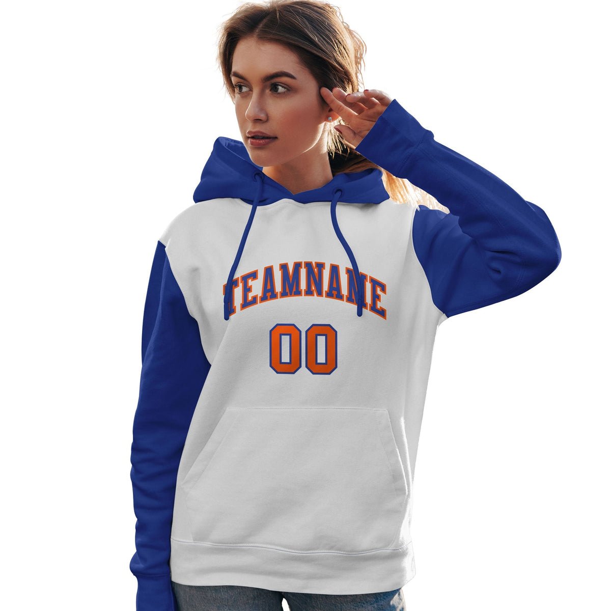 Custom White Royal-Orange Raglan Sleeves Pullover Personalized Team Sweatshirt Hoodie| KXKSHOP