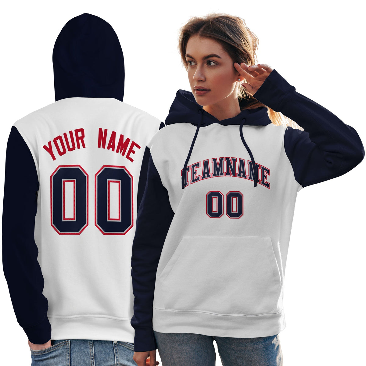 Custom White Navy-Red Raglan Sleeves Pullover Personalized Team Sweatshirt Hoodie| KXKSHOP