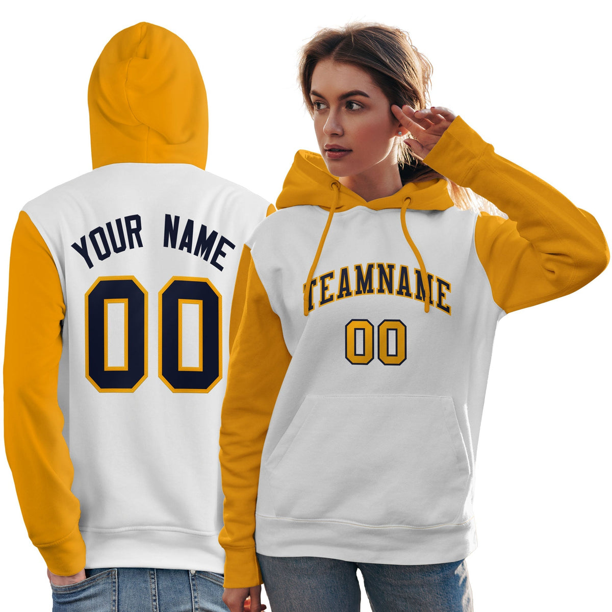 Custom White Navy-Gold Raglan Sleeves Pullover Personalized Team Sweatshirt Hoodie| KXKSHOP