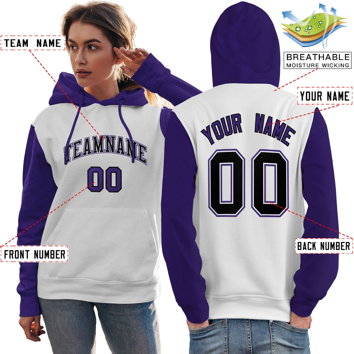 Custom White Black-Purple Raglan Sleeves Pullover Personalized Team Sweatshirt Hoodie| KXKSHOP