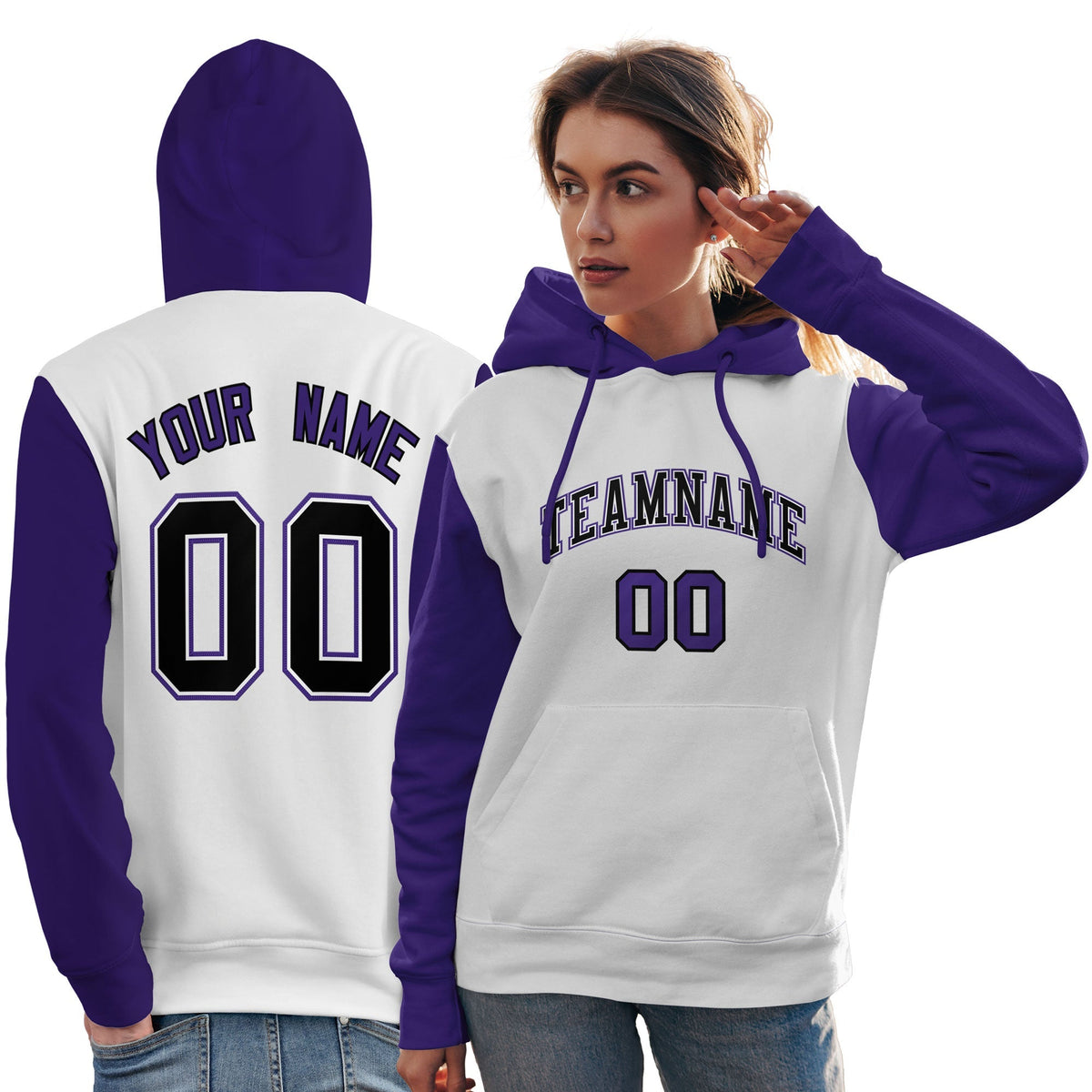 Custom White Black-Purple Raglan Sleeves Pullover Personalized Team Sweatshirt Hoodie| KXKSHOP