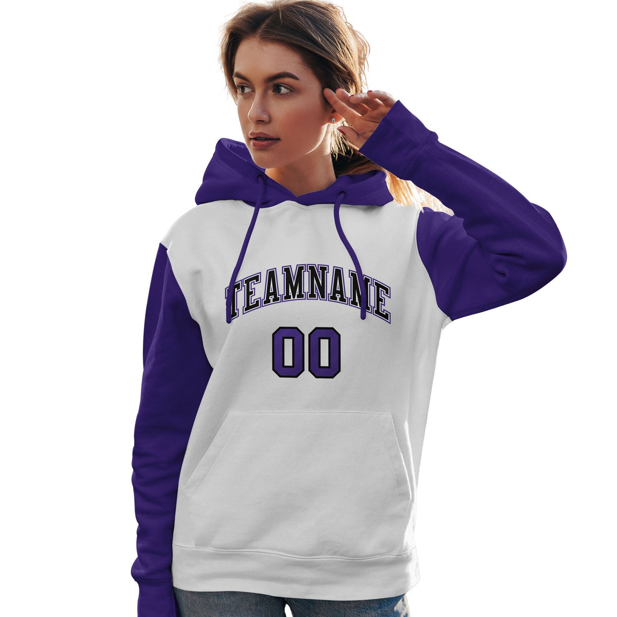 Custom White Black-Purple Raglan Sleeves Pullover Personalized Team Sweatshirt Hoodie| KXKSHOP