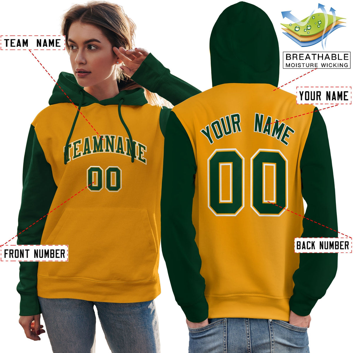 Custom Gold Green-White Raglan Sleeves Pullover Personalized Team Sweatshirt Hoodie| KXKSHOP