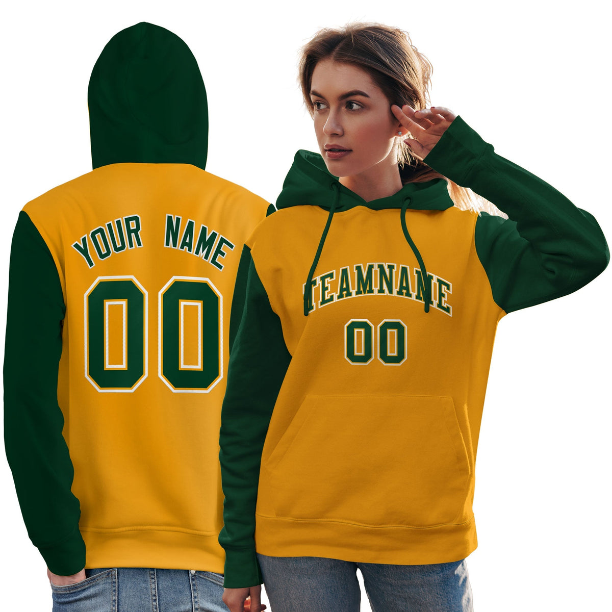Custom Gold Green-White Raglan Sleeves Pullover Personalized Team Sweatshirt Hoodie| KXKSHOP