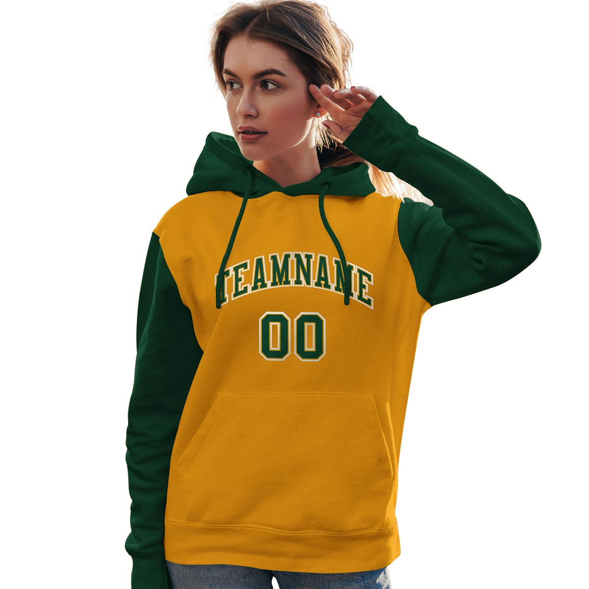 Custom Gold Green-White Raglan Sleeves Pullover Personalized Team Sweatshirt Hoodie| KXKSHOP