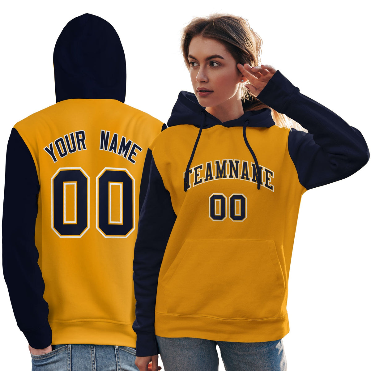 Custom Gold Navy-White Raglan Sleeves Pullover Personalized Team Sweatshirt Hoodie| KXKSHOP