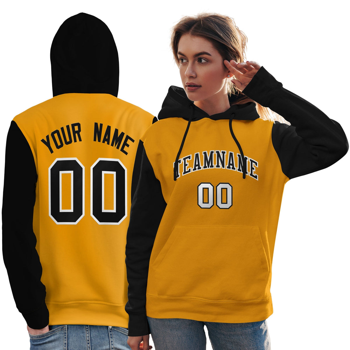 Custom Gold Black-White Raglan Sleeves Pullover Personalized Team Sweatshirt Hoodie| KXKSHOP