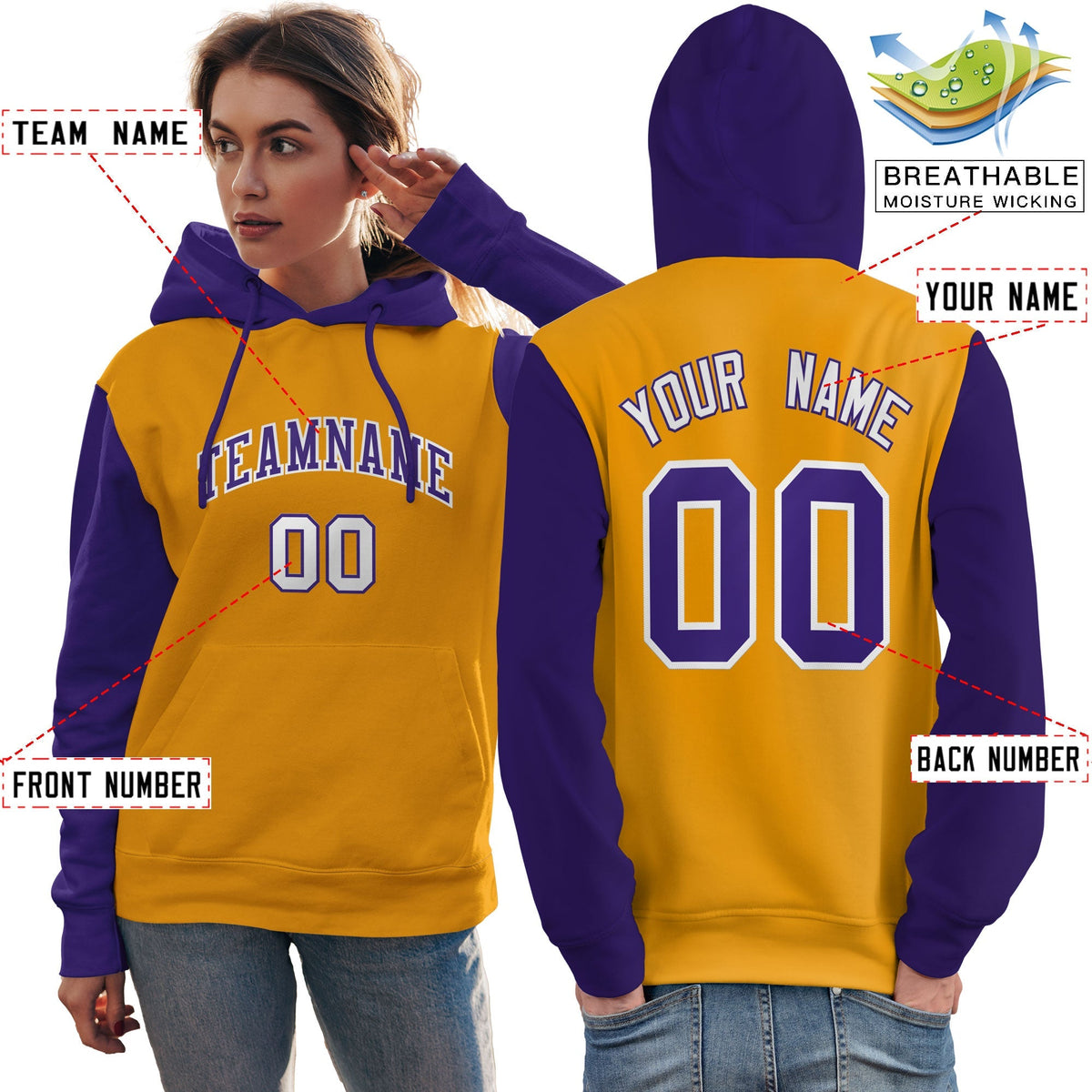 Custom Gold Purple-White Raglan Sleeves Pullover Personalized Team Sweatshirt Hoodie| KXKSHOP