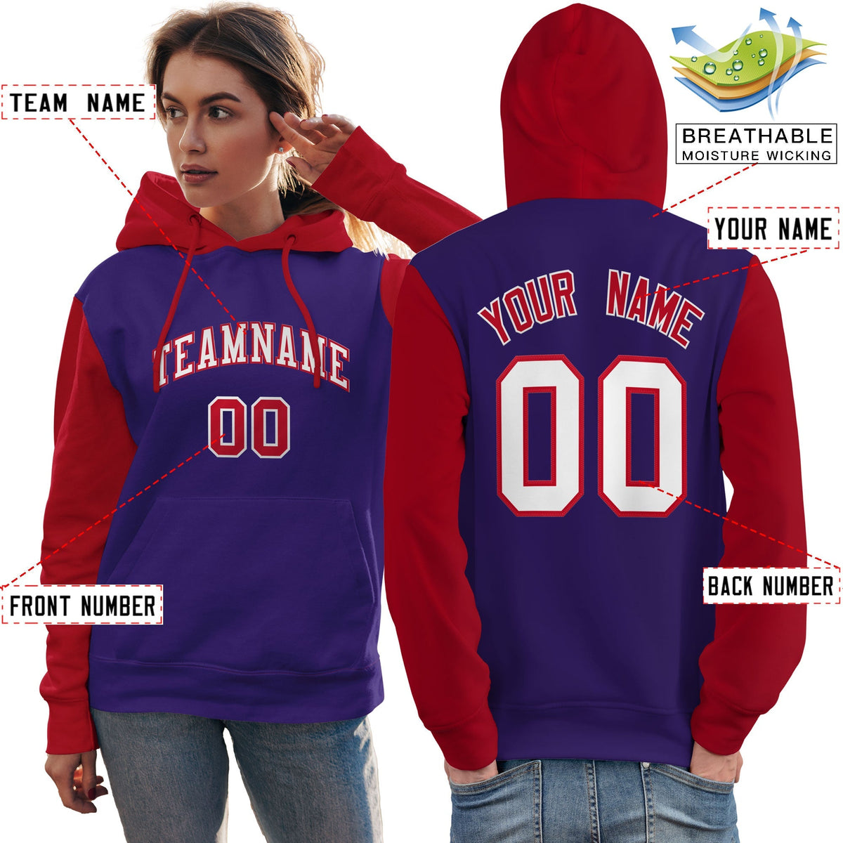 Custom Purple White-Red Raglan Sleeves Pullover Personalized Team Sweatshirt Hoodie| KXKSHOP