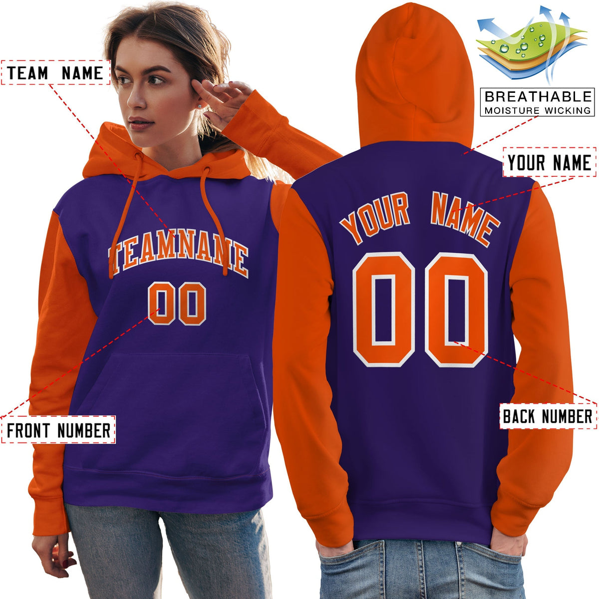 Custom Purple Orange-White Raglan Sleeves Pullover Personalized Team Sweatshirt Hoodie| KXKSHOP